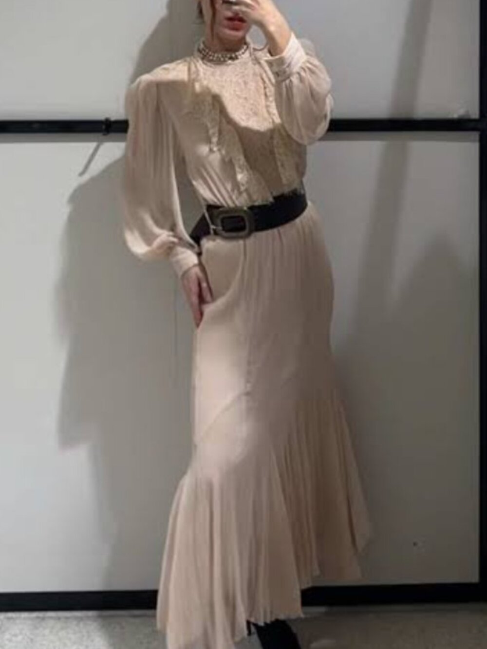 ZARA Sheer Chiffon Ruffle Lace Maxi Dress Nude
